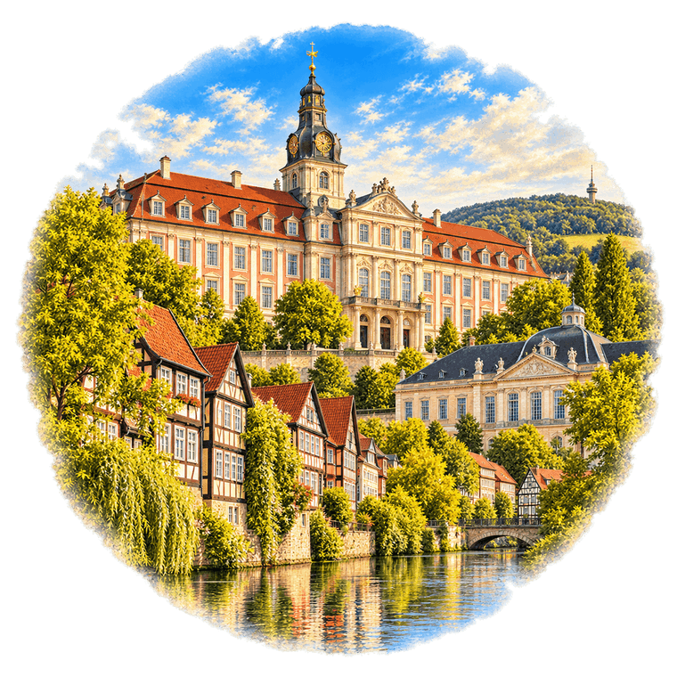 Illustration der Region Wolfenbüttel mit Schloss, Fachwerk und Oker